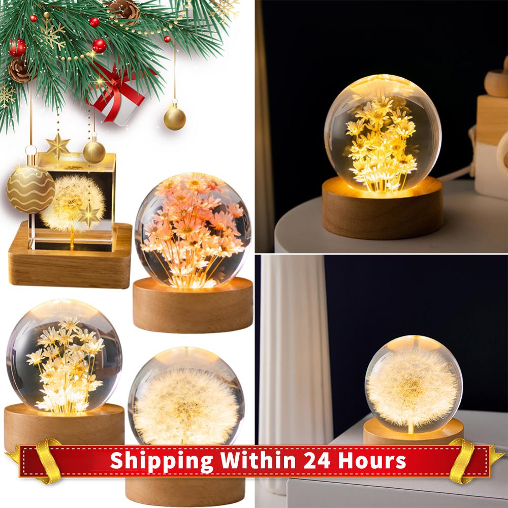 Flower Desk Lamp with Woodern Base Cute Night Light Forever Flowers Crystal Ball Light Gifts for Men Women Kids Boys Girls