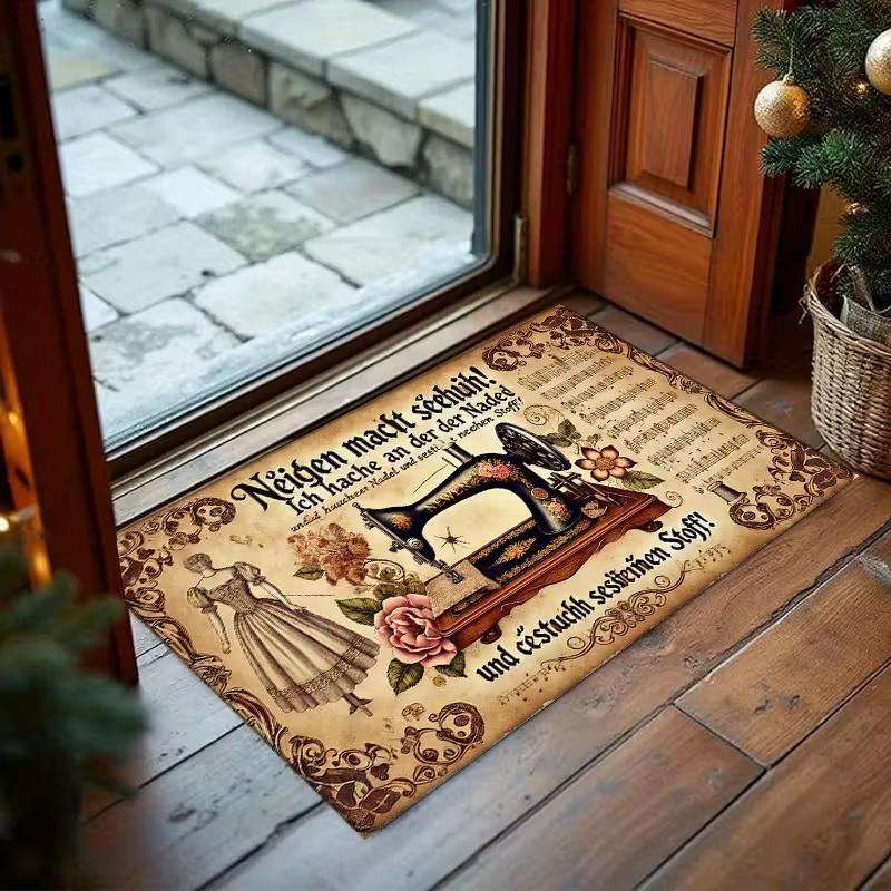 Willkommensmatte Vintage Nähmaschine Design Teppich rutschfester Flanellteppich für Zuhause Büro Wohnzimmer Schlafzimmer Dekor Fußmatte