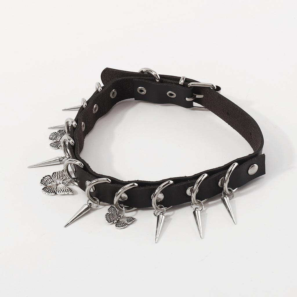 Sladký a cool styl personalizovaný PU obojek pro ženy, nýtovaný motýlek kreativní rockový originální styl kožený náhrdelník