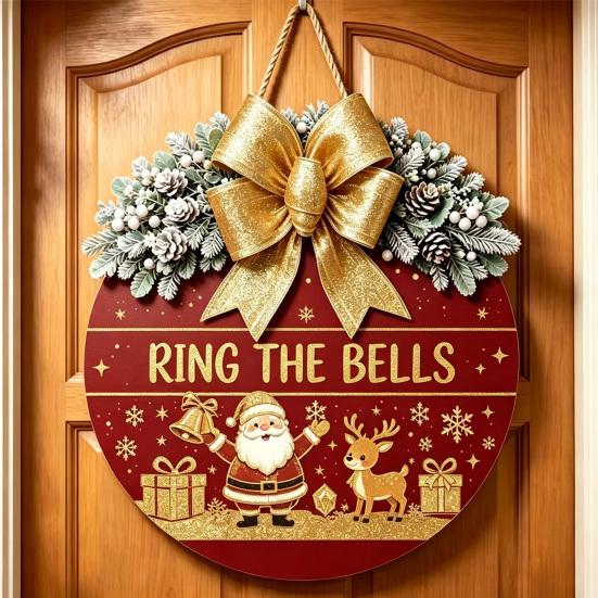Decorative Pine Cone Sign Christmas Wooden Welcome for Front Door, Round Hanging Ornament with Solid Wood Plate Artificial Branches & Bow Decor
