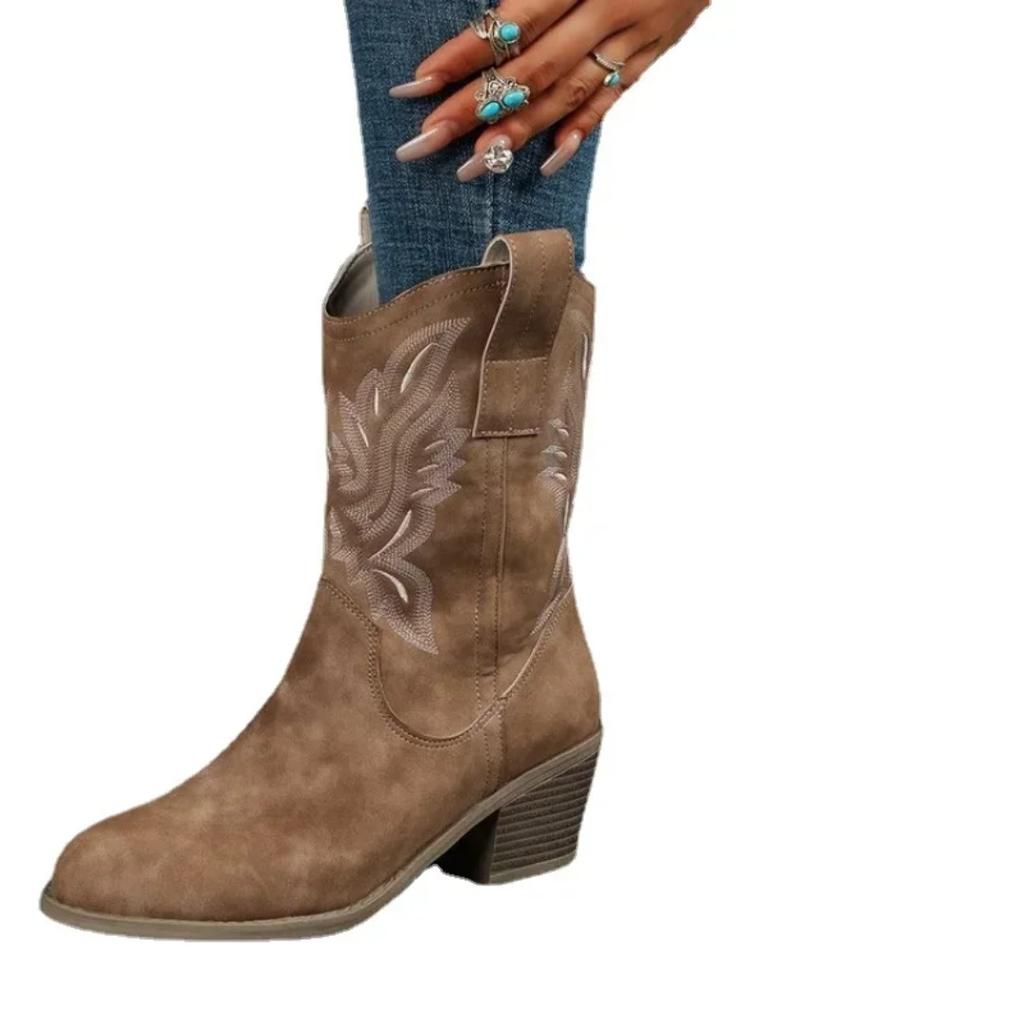 Women's Autumn and Winter New V-neck Knight Boots, Pointed and Thick Heel Retro Embroidered Mid Tube Western Cowboy Boots