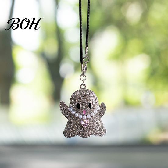 Sparkling Rhinestone Car Charm Halloween Ghost Bling Hanging Accessories, Faux Crystal Rear Decorations for View Mirror Charm, Auto Interior
