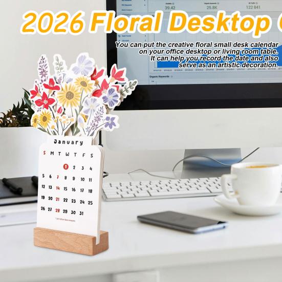 Blumenvase Kalender 2026 Floraler Schreibtischkalender mit Holzfuß Blühender Blumen Monatskalender für Zuhause Büro Schule