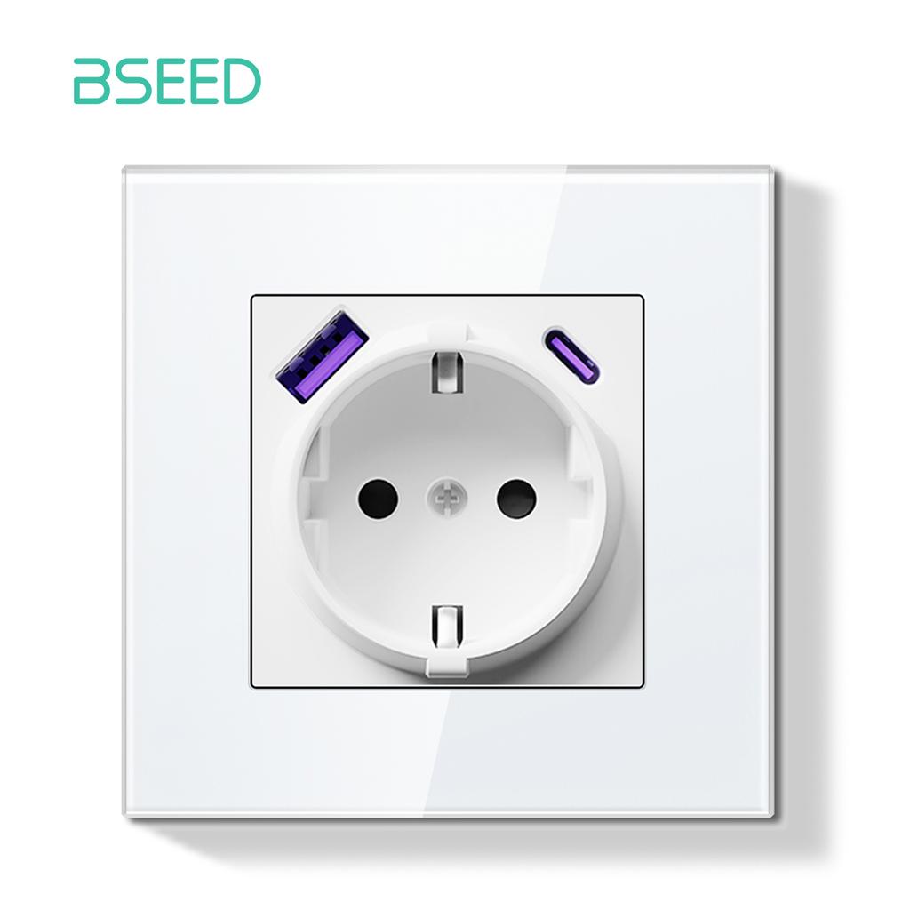 BSEED Switch Light Switch White Glass Frame Wall Power Sockets USB-C Phone Charge E-Series EU Standard 1 Way