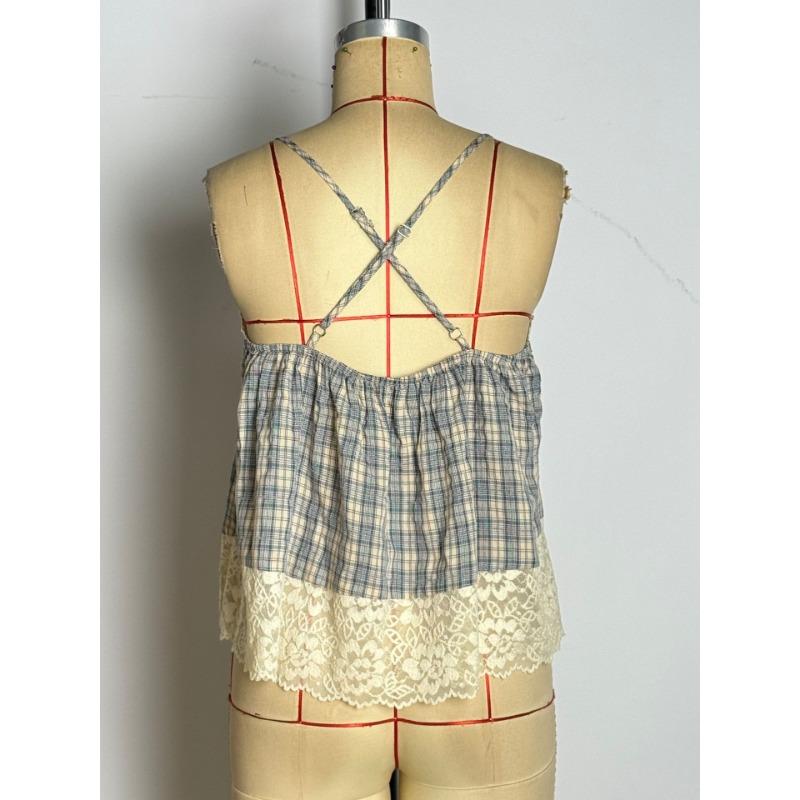 Womens Lace Plaid Patchwork Cami Top V Neck Spaghetti Strap Casual Sleeveless Blouse