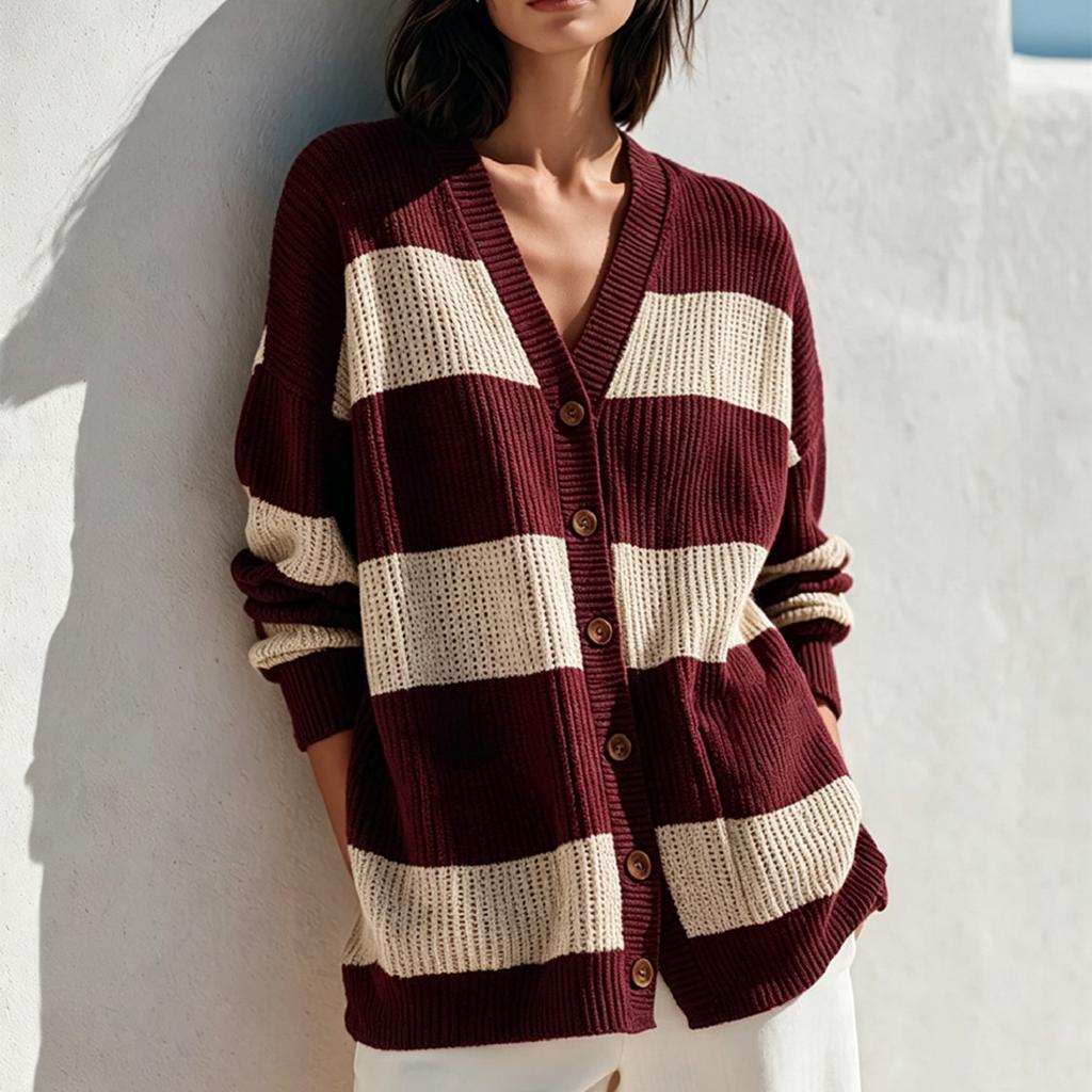 Women's Casual Color Block Striped V-Neck Knit Cardigan Open Front Sweater for Spring and Fall