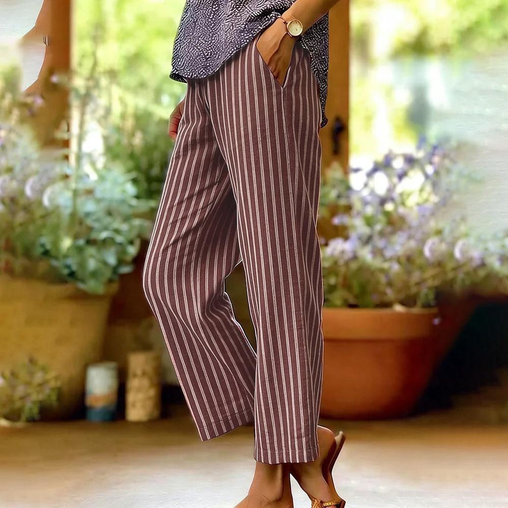 Women Loose Fit Striped Long Pants with Elastic Waistband and Pocket Design Casual Straight Leg Trousers for Everyday Wear