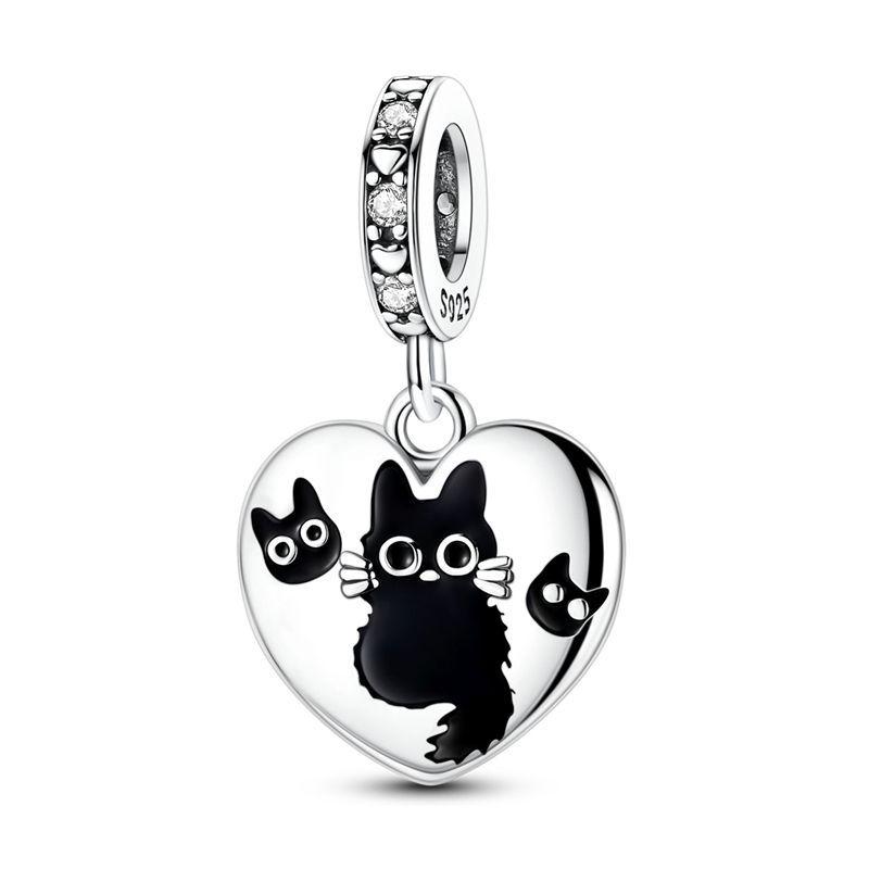 Original 925 Silver Cute Black Cat Charms Moon Dog Cat Paws Beads Pendants Rings Fit Bracelet Necklace DIY Jewelry Gift