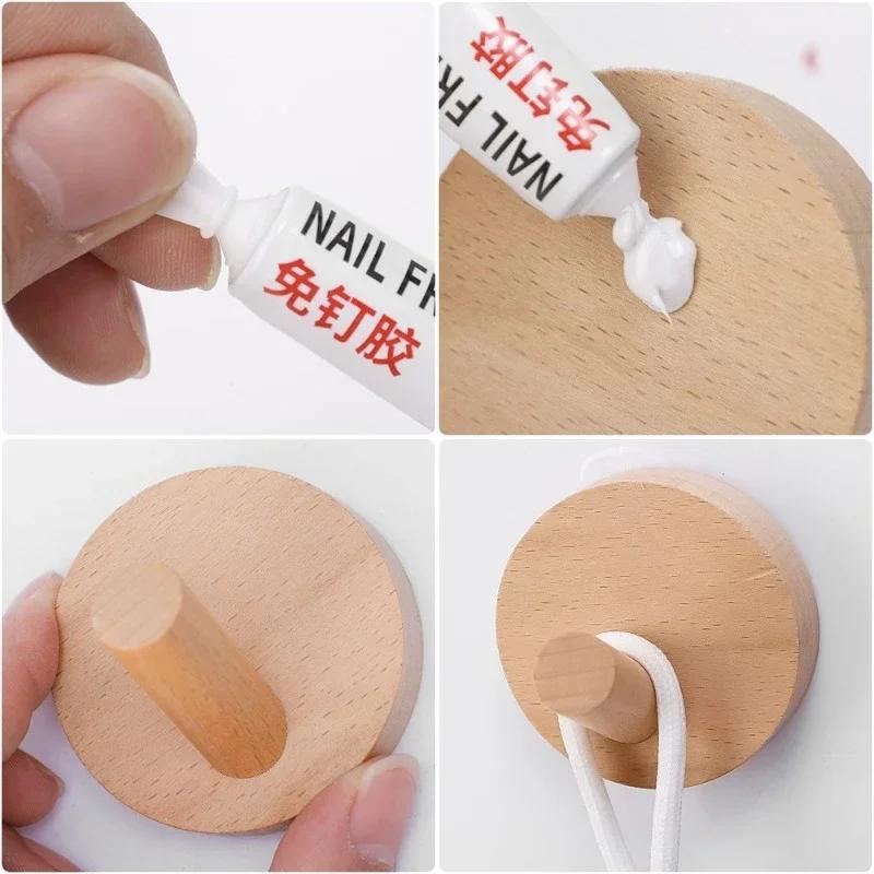 1/6PCS Punch Free Wall Hooks with Glue Wooden Round Square Bags Clothes Towels Hanging Hanger Home Bedroom Kitchen Storage Racks