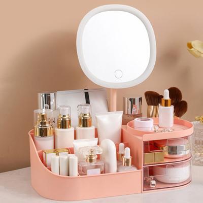 Organizator cutie de depozitare pentru machiaj cu oglindă LED Capacitate mare, compartimente multiple, cutie de depozitare perie de machiaj, organizator de blat