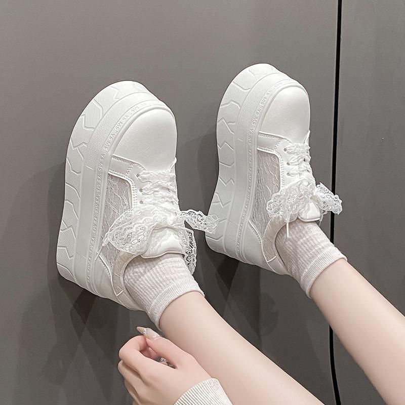 Fashion Genuine Leather/lace Mesh Flat Womens White Sneaker Summer Round Toe Platform 7.5CM Thick Botton Lace-up Sports Shoes