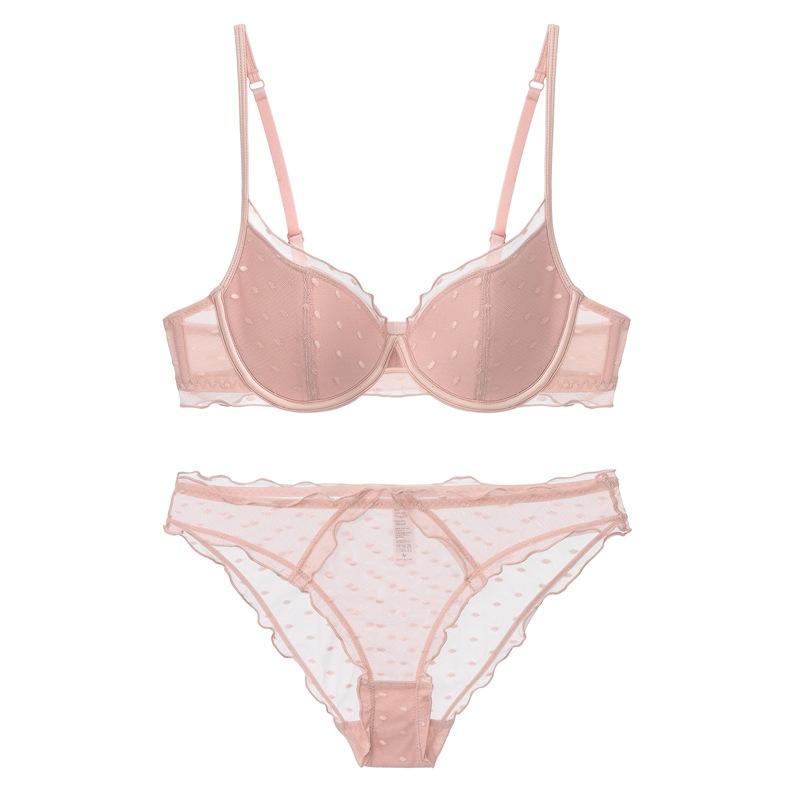 French Lace Women Underwear Sexy Hollow Thin Cup Push Up Bra Fashion Ladies Romantic Lingerie 4 Color Bras With Mesh Panties Set