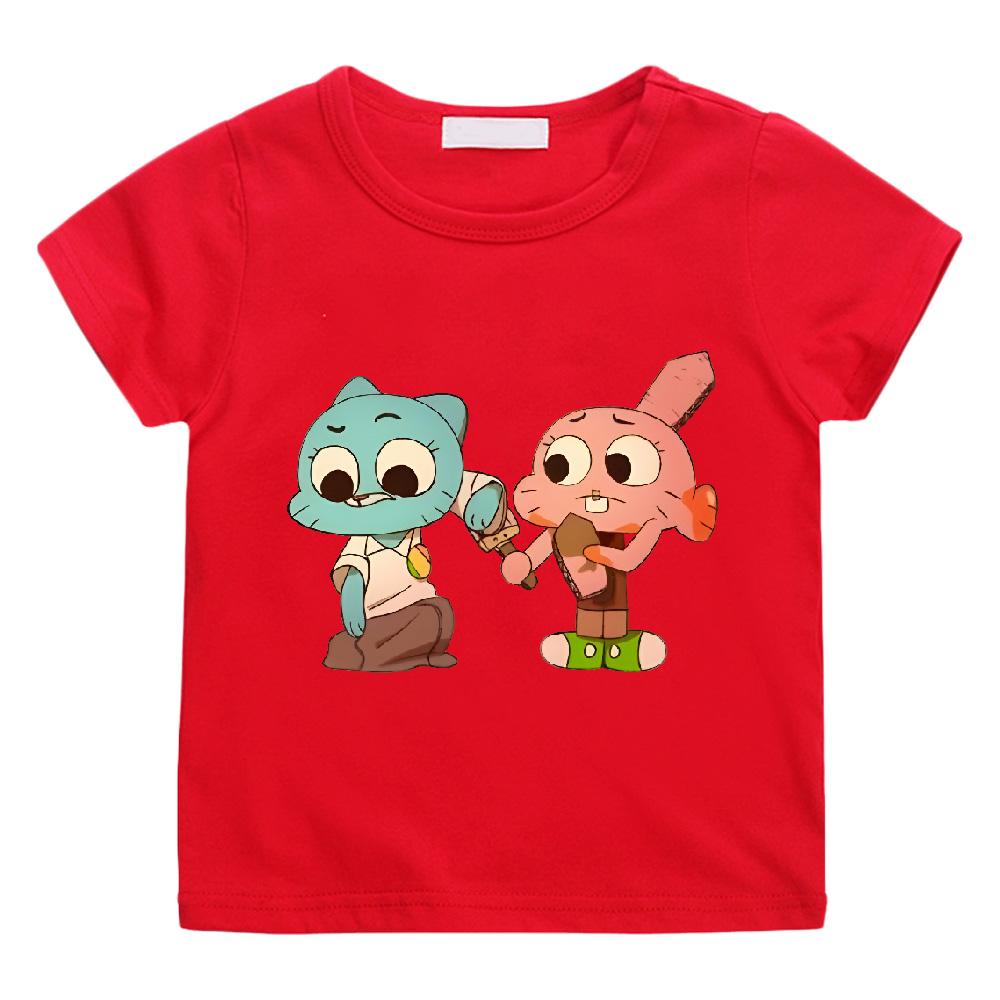 

2026 NEW Cartoon Print 100% CottonTee-shirt The Wonderfully Weird World of Gumball T-shirts children Boys girl Funny T-shirt Anime T-shirt summer Tops 100 червоний