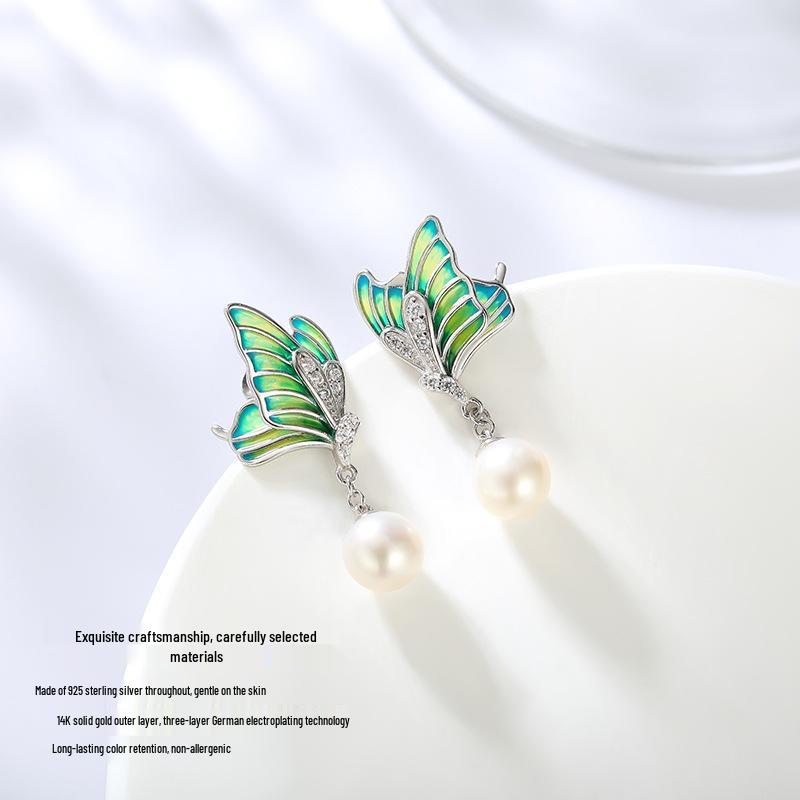 Butterfly Dream Enamel Pearl Earrings: S925 Sterling Silver, Fashionable Design