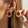 Salircon 3Styles Vintage Brown Oval Resin Bead Stud Earrings Women Irregular Gold Color Metal Earring Banquet Party Jewelry Gift