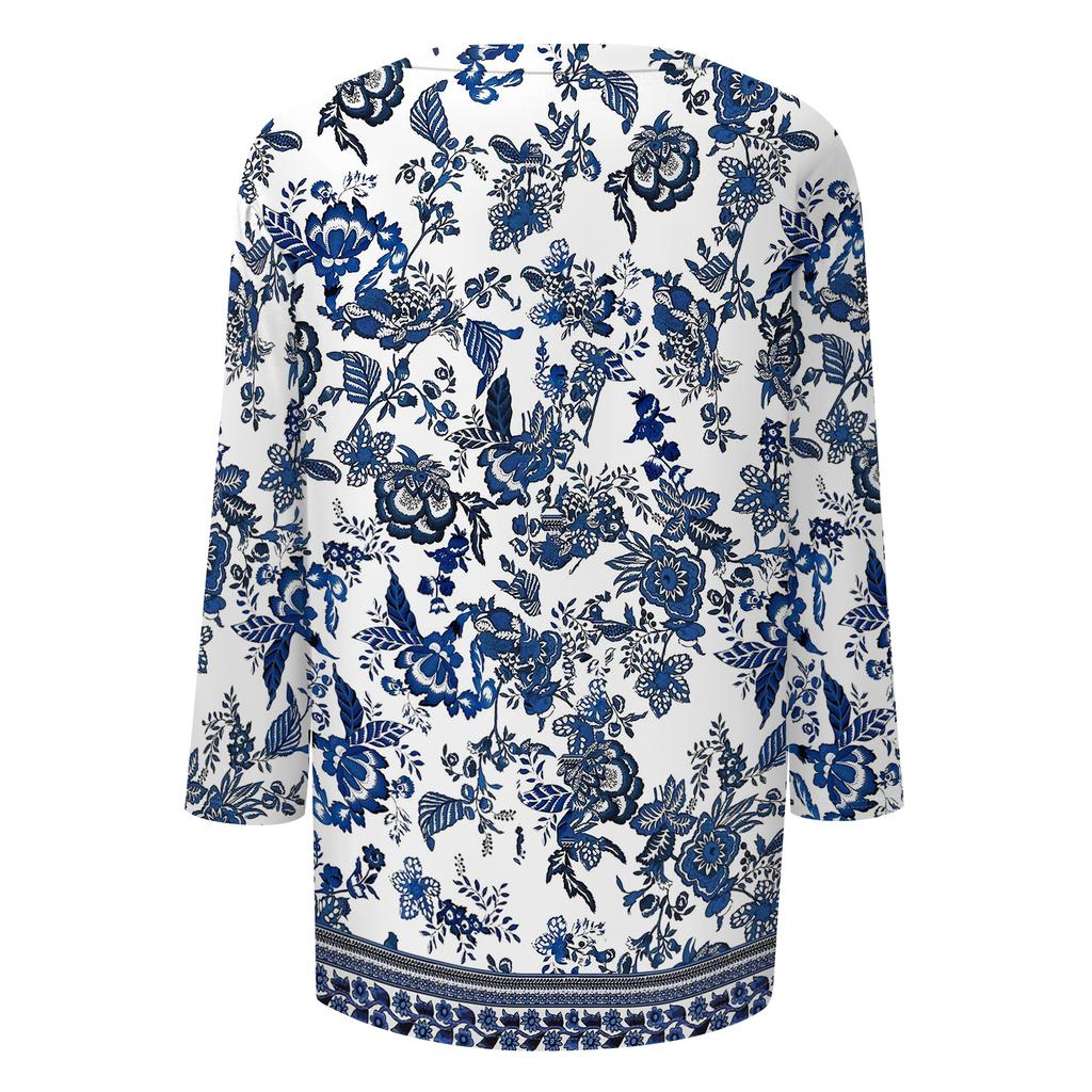 Women's Fashion Casual Round Neck 3/4 Sleeve Loose Printed T-Shirt Ladies Top