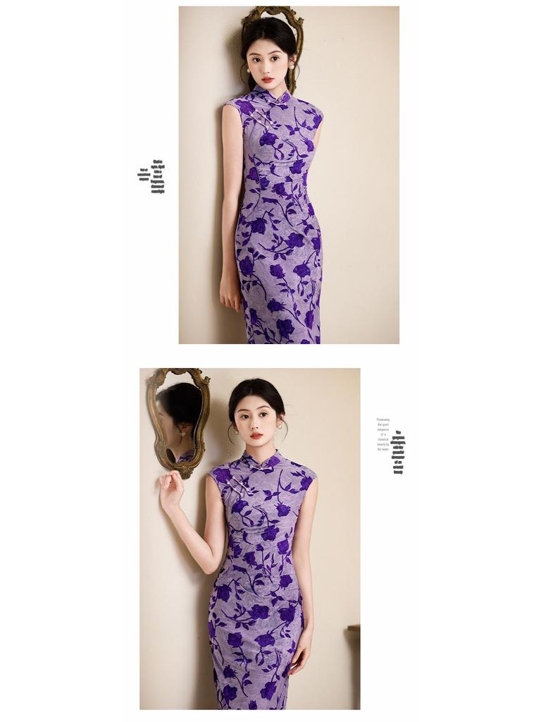 Exquisite 2025 Summer Rose Print Purple Qipao - New Chinese Style Dress for Young Girls
