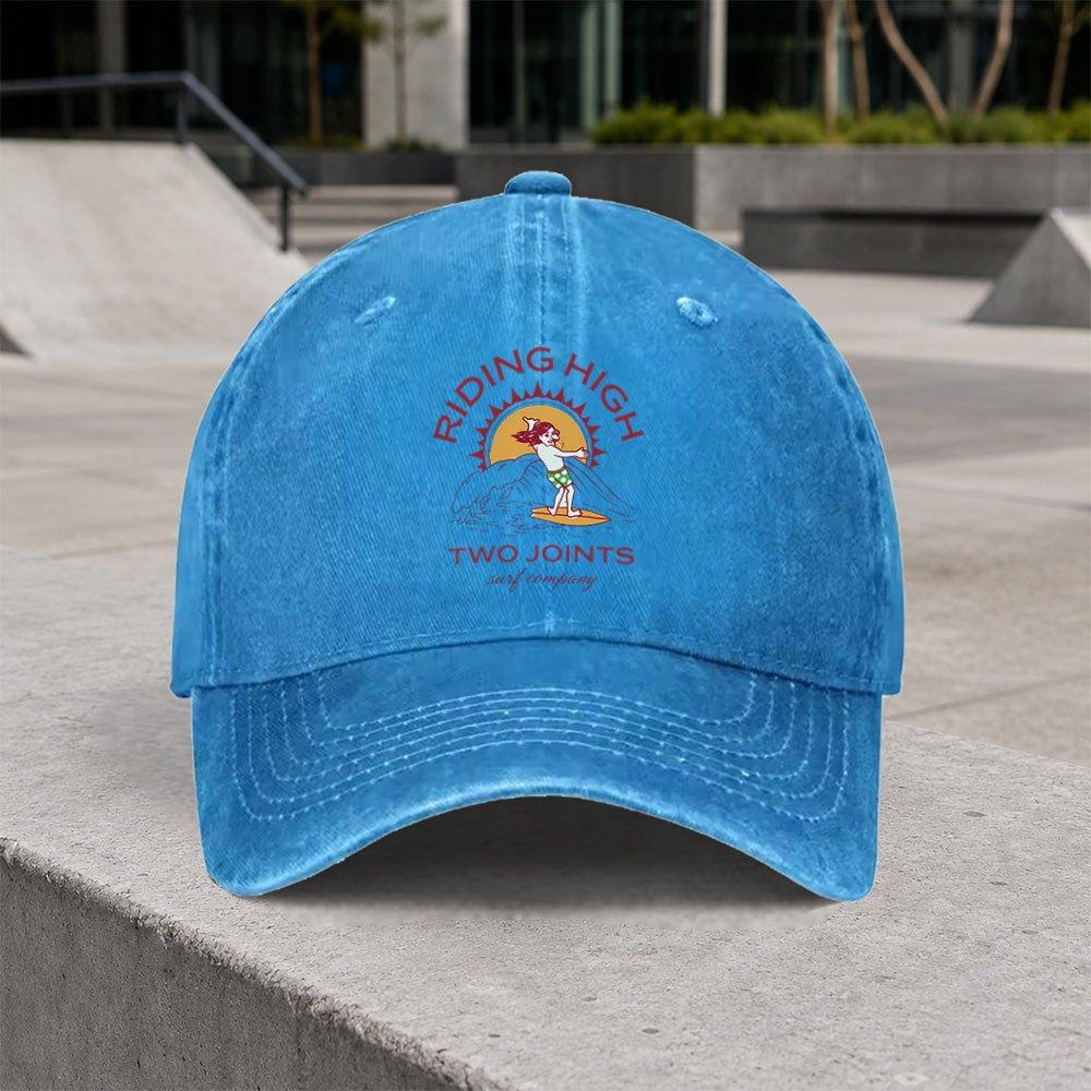 Riding High Vintage Washed Surf Baseball Cap  Adjustable Hook  Loop Duckbill Cap for Unisex  Women