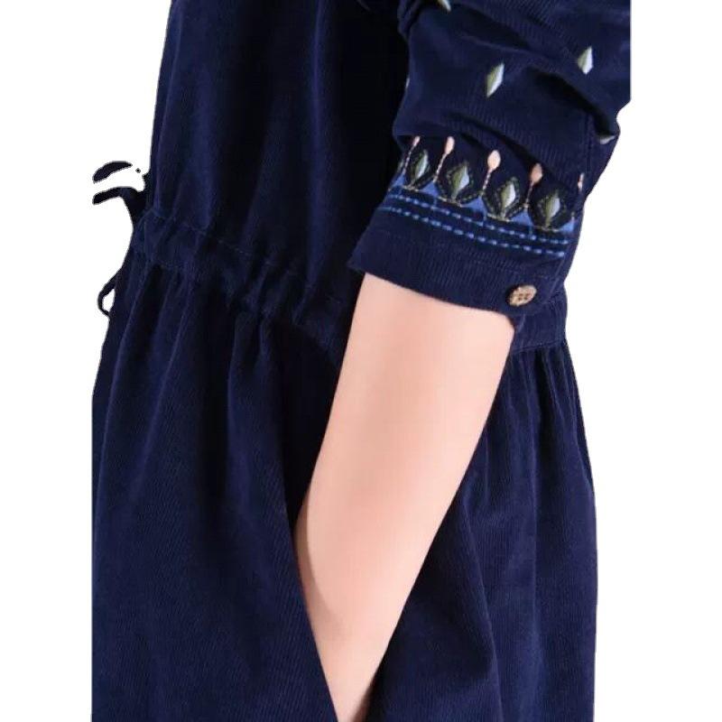 Loose Women's Embroidered Lace Up Corduroy Dress