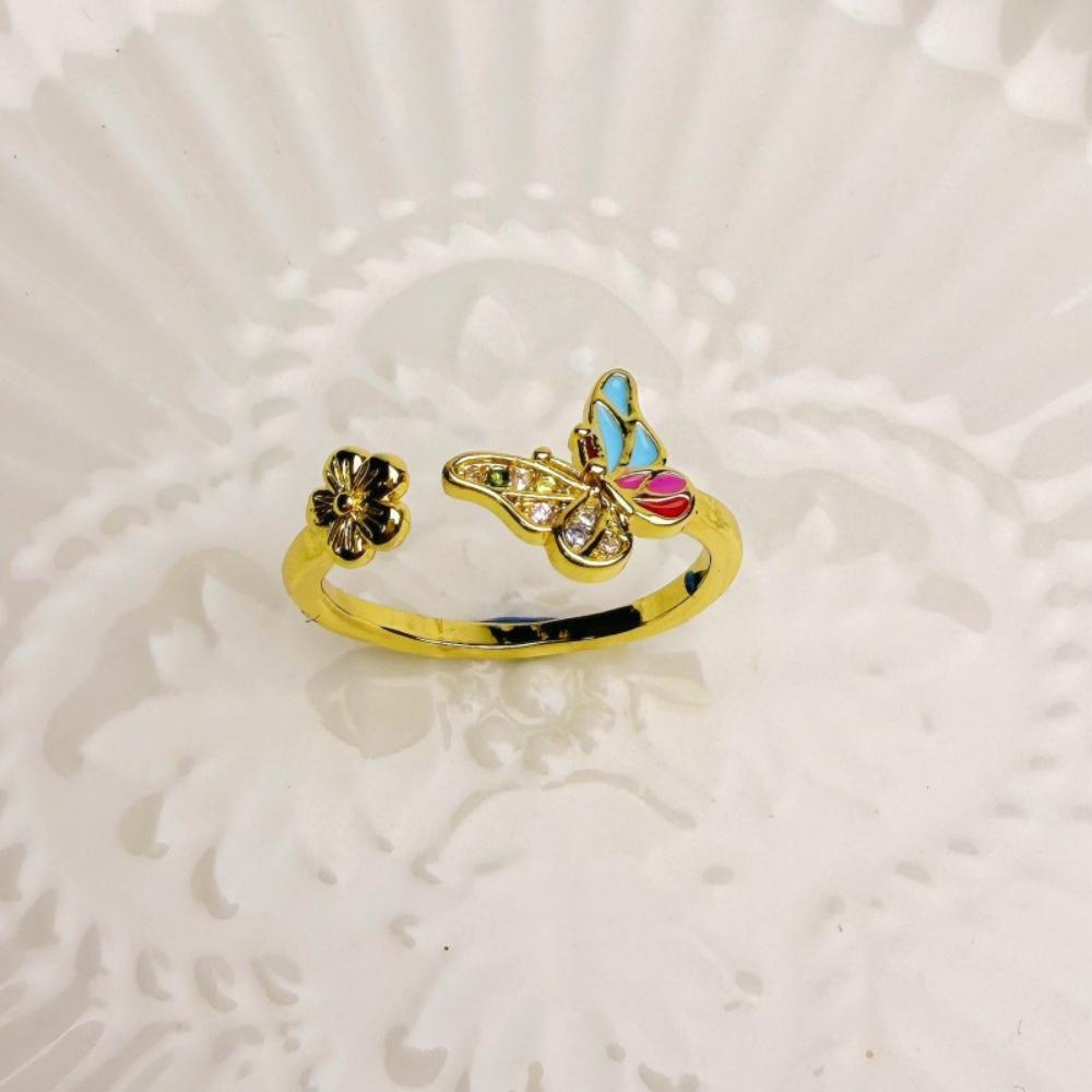 Female White Zircon Stone Rainbow Enamel Butterfly Flower Adjustable Open Ring Vintage Rose Gold Silver Color Jewelry For Women
