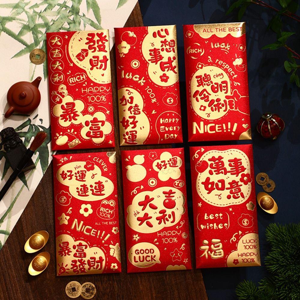 6pcs Blessing Chinese New Year Red Envelopes Traditional Money Packet Wedding Birthday