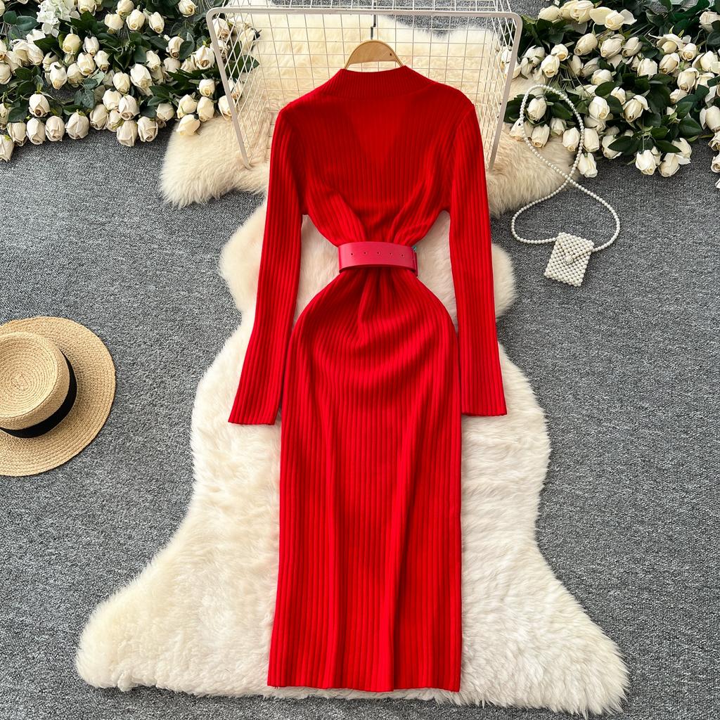Spring Autumn Women Casual V-neck Full Sleeve Knitted Sweater Midi Pencil Dresses with Belt