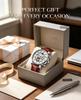 KINYUED Full Hollow Moon Phase Skeleton Watch Men Silver Case Brown Leather Strap Chronograph Waterproof Business Quartz