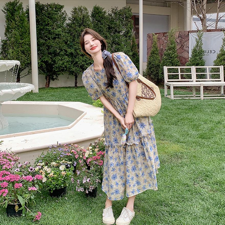 Bubble Sleeve Floral Dress Women's Summer New Fungus Edge Loose Small Long A-shaped Dress