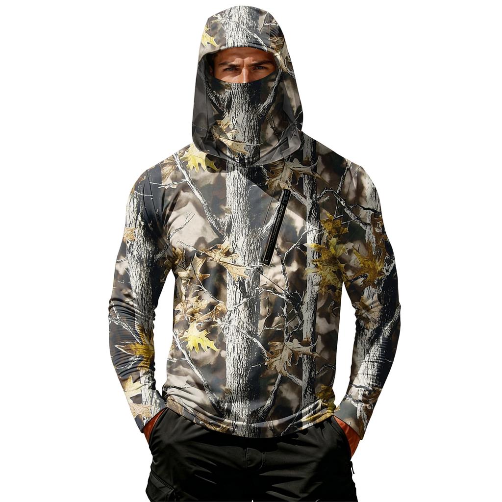 Men Long Sleeve Hooded Pullover with Chest Zipper Pocket Lightweight Printed Outdoor Sportswear Top