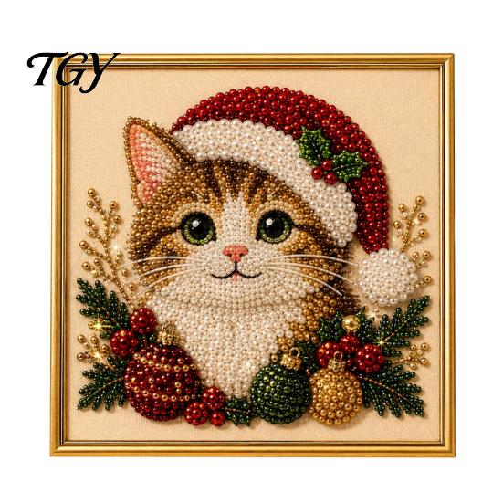 Christmas Themed DIY Projects Faux Pearl Art Kit, Xmas Hat Cat Dog Painting Holiday Home Decor Ornaments 3D Puppy Bead Craft Kit for Adults,
