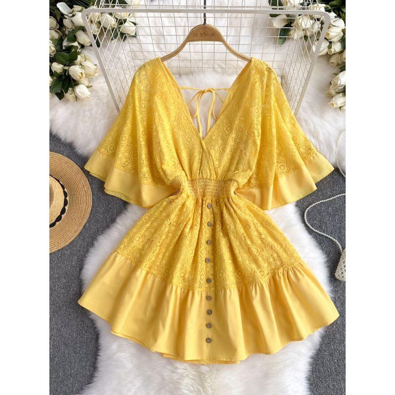 Vacation Style 2024 Summer New Arrival Niche Style Sexy Deep V-neck Lace Patchwork Waist-Slimming Sweet Flare Sleeve Dress