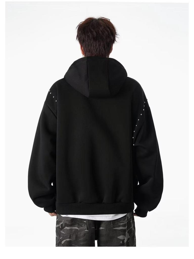 Men's Retro Rivet Hooded Cardigan: Trendy Autumn/Winter Streetwear Zipper Jacket with Plus Velvet