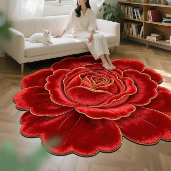 Floral Plush Floor Mat 3D Flower Optical Illusion Rugs Non-Slip Water-Absorbent Bath Mat for Bathroom Bedroom Entrance Vanity Area