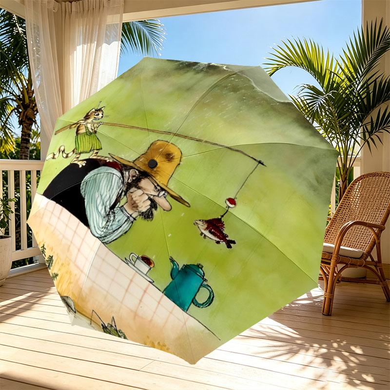 Pettersson und Findus Print Automatic Open Close Umbrella, Portable Foldable Umbrella, for Outdoor Commute Camping Trip, Ideal Birthday Gift