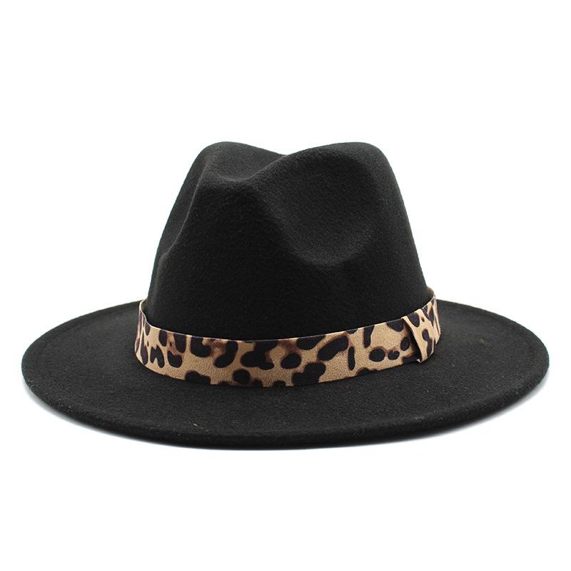 Woolen Top Hat Leopard Print Solid Color Hat Women'S Flat-Brimmed Big-Brimmed Jazz Hat 22 Colors