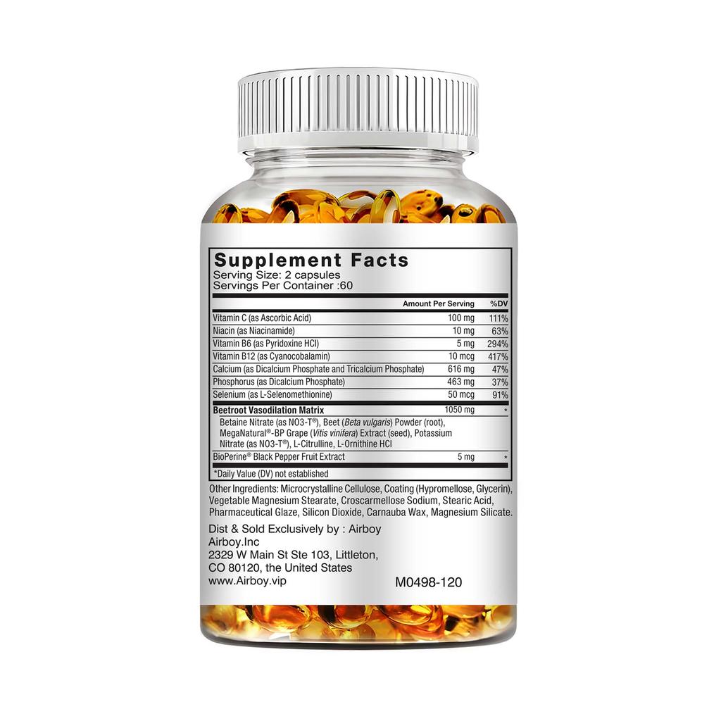 Airboy Premium Beetroot Capsules Are All-natural, Contain Grape Seed Extract, and Are Beneficial for Heart Health and Easily Absorbed.