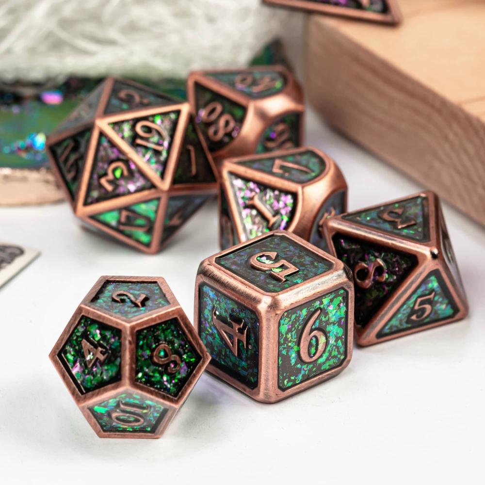 Cusdie Metal Glitter Dices DND 7Pcs Frame Solid D&D Dice D4-D20 Polyhedral Dice Set for Role Playing Game Pathfinder TRPG
