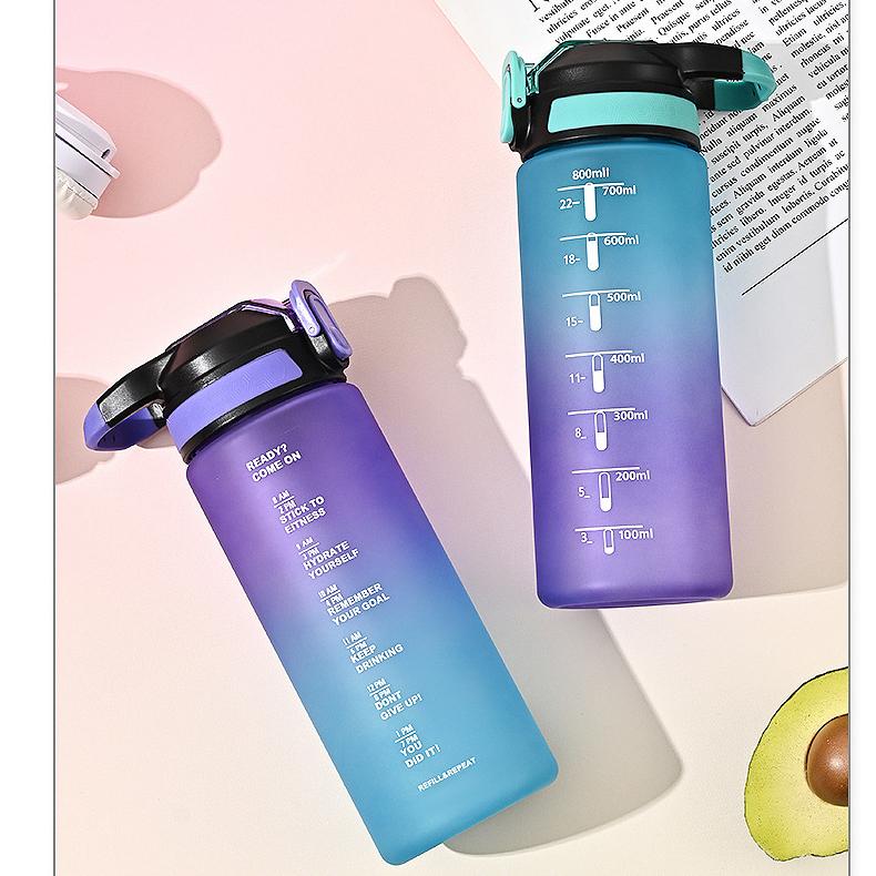 1000ml Gradient Matte Sports Water Bottle, Flip Straw Cup with Time Marker, Large Portable Plastic Jug for Fitness & Outdoor