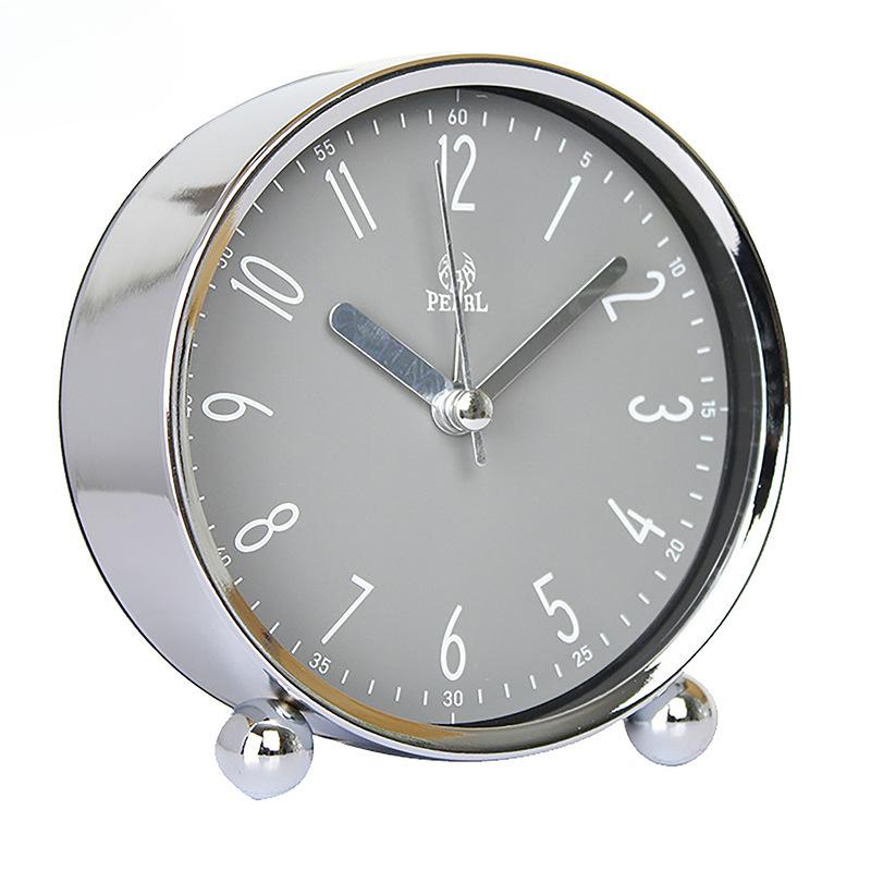 Round Alarm Clock Study Desk Alarm Clock Pointer Type Quartz Clock Bedside Table Clock Silent Metal Seat Clock