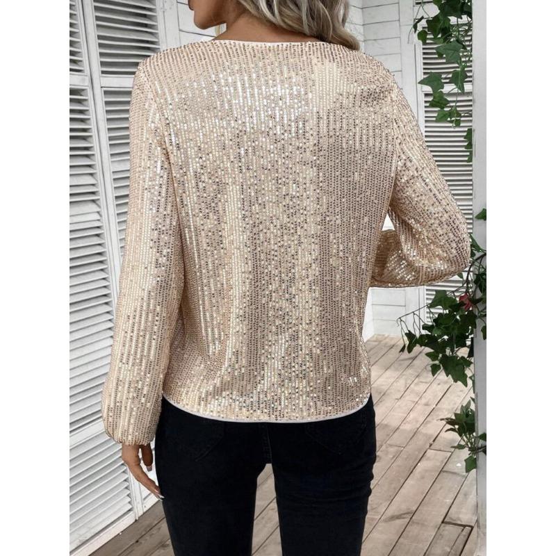 Women Elegant Loose V Neck Long Sleeve Solid Sequin T Shirt Top