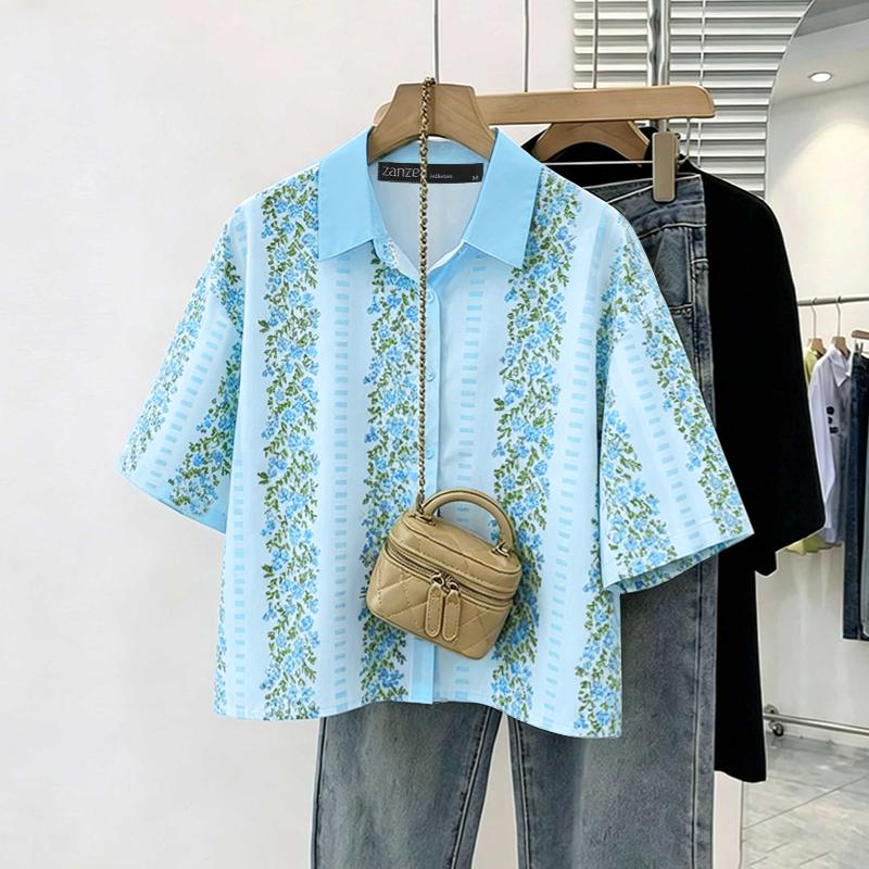 ZANZEA Women Casual Turn Down Collar Loose Half Sleeve Print Blouse