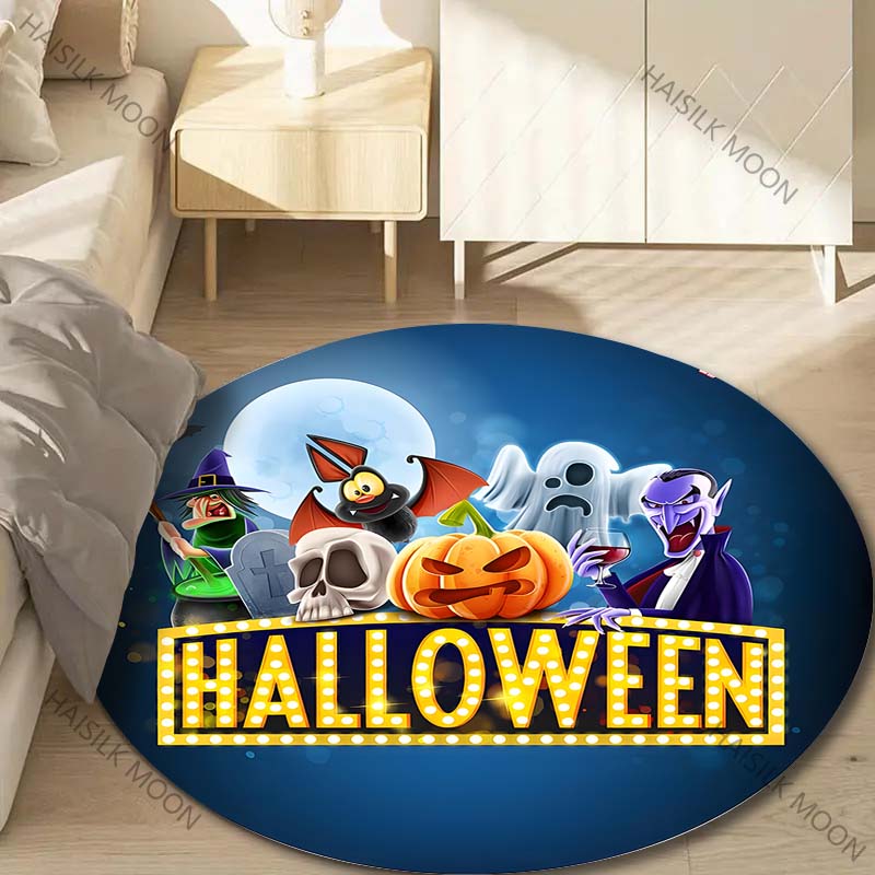 1PC Pumpkin Head Bat Castle Halloween Round Carpet for Kids Living Room Rugs Picnic Mats Flannel Anti-Slip Rug Luxury Gift