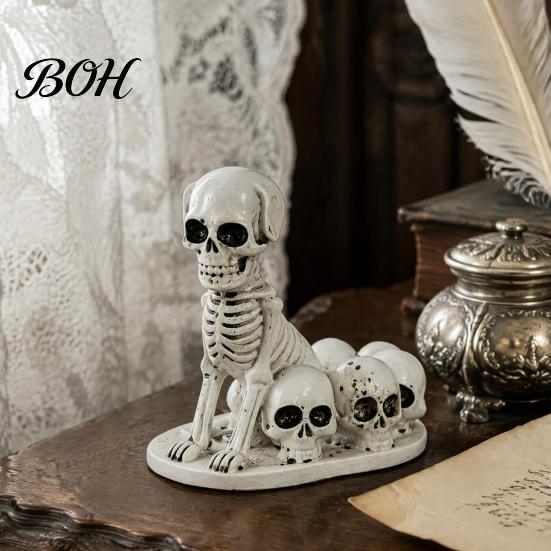 Realistic Carving Skeleton Animal Halloween Dog/Cat Skull Figurine, Resin Gothic Statue Decorative Figurine Set for Desk Fireplace, Spooky Home