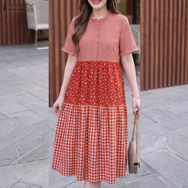 ZANZEA Women Casual Round Neck Loose Short Sleeve Plaid Print Dress