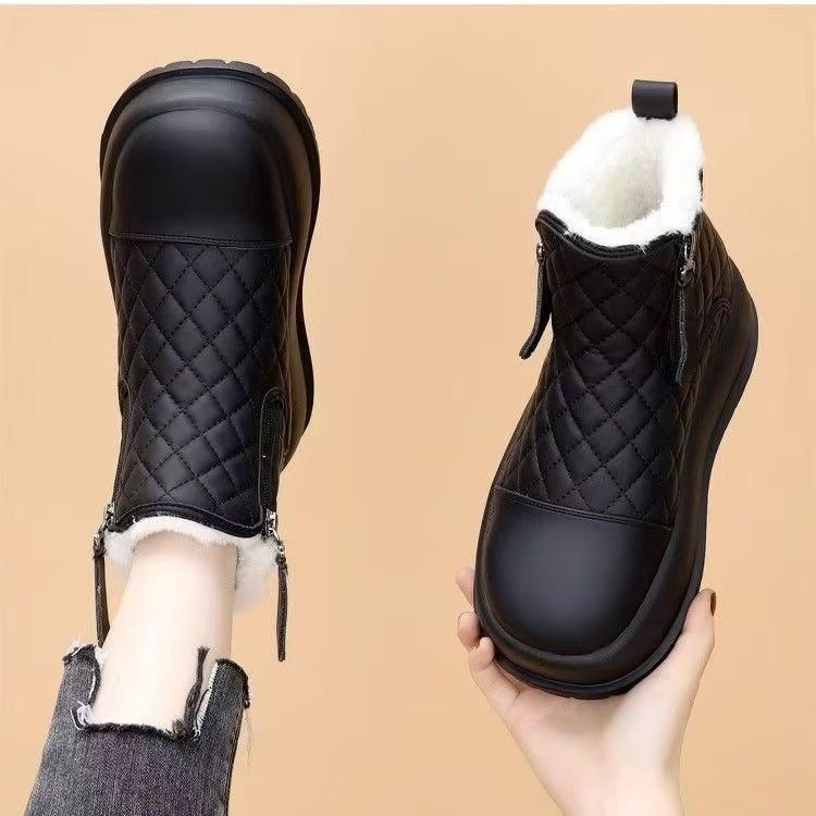 New winter soft leather snow boots women s waterproof thickened flat-bottomed short boots non-slip warm large cotton women s boots 40