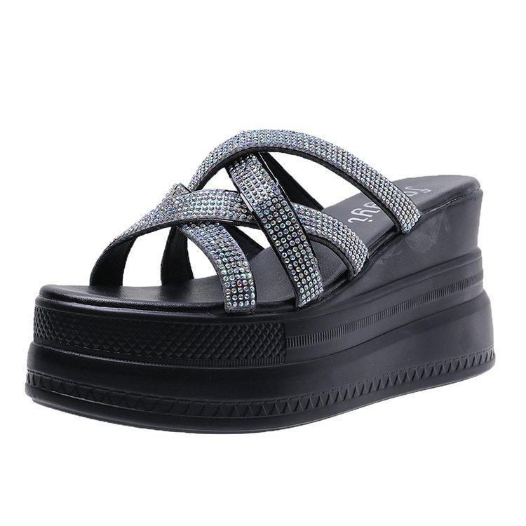 Summer New Fashion Rhinestone Wedge Heel Waterproof Table High Heel Cool Slippers Women's Shoes