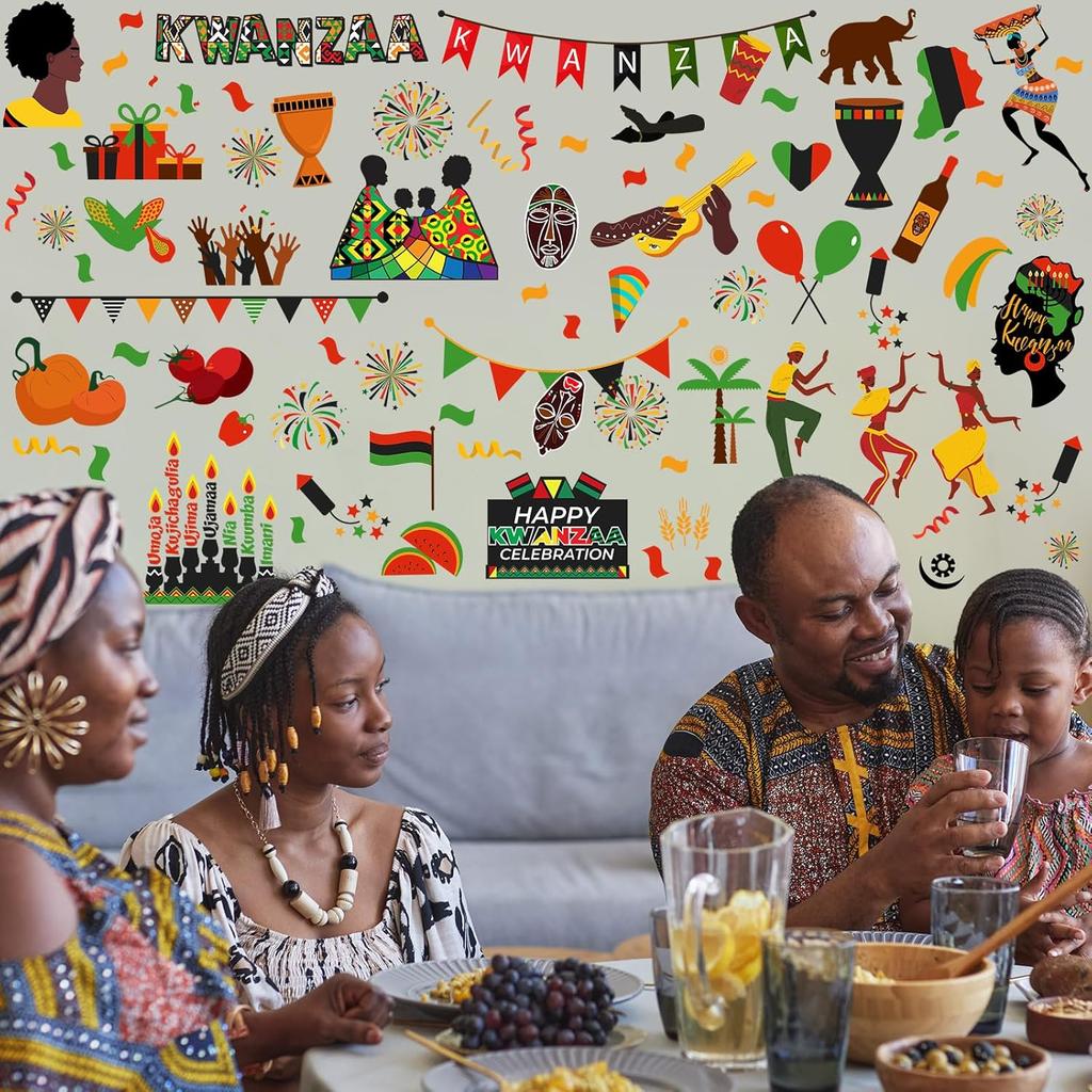 101 Pcs Kwanzaa Window Stickers Clings Kwanzaa Wall Decorations Decals Vinyl Kinara Candles Wall Stickers n n Candles Festival Holiday Party Decor