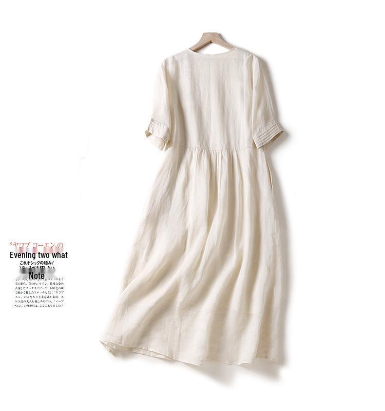 2024 Summer Women's Cotton-Linen V-Neck Pleated Retro Dress