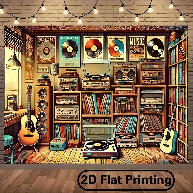 Retro Music and Vinyl Record Themed Polyester Background - Retro Wall Decoration, Speakers and Guitars, Music Room Decoration