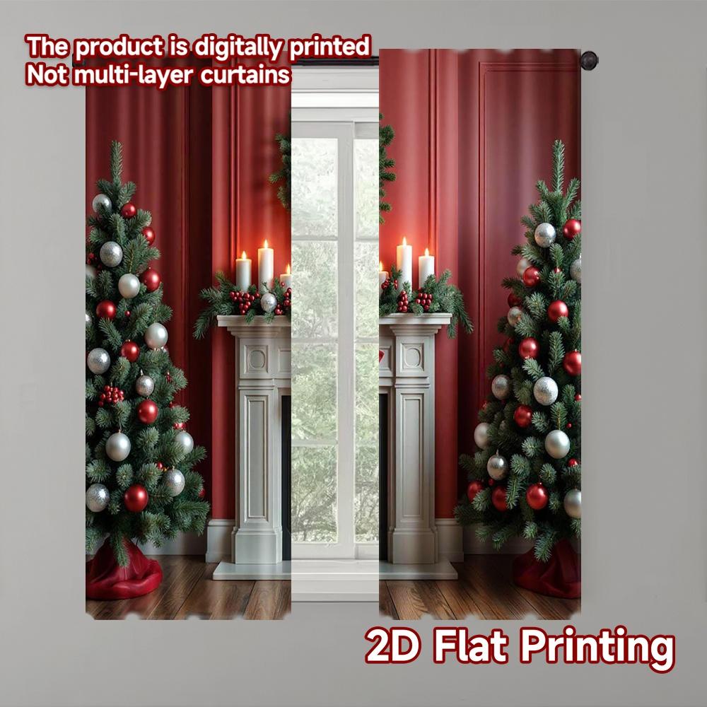 

Elegant Set Of 2 Flat Printing Christmas Drapes Fireplace View Merry Polyester Without Electricity Holiday Curtain Machine Washable W100*H70(CM)-Grommet top&2PCS